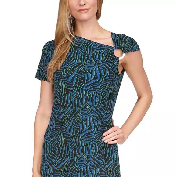 New! MICHAEL KORS Women's Zebra Print Ring Sleeve Asymmetrical Sheath Dress XXS - Picture 3 of 4
